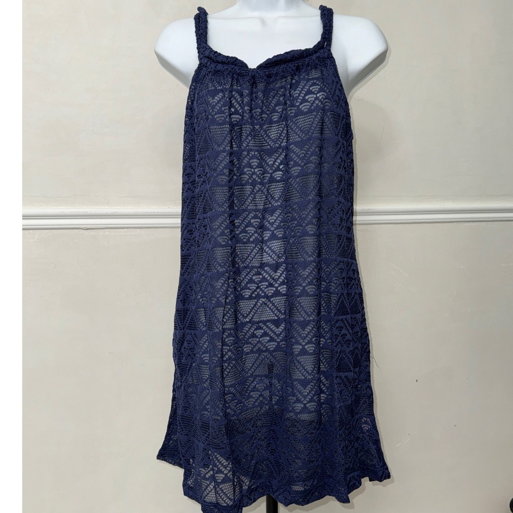 J Valdi Navy Blue Crochet Lace Swim Cover-Up Dress Geometric Knit Mini Small